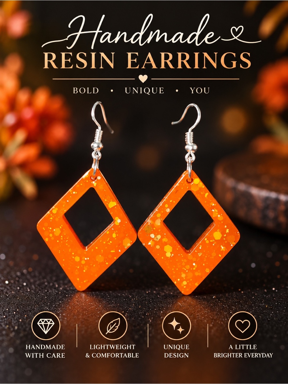 Handmade Neon Orange Glitter Resin Diamond Geometric Earring